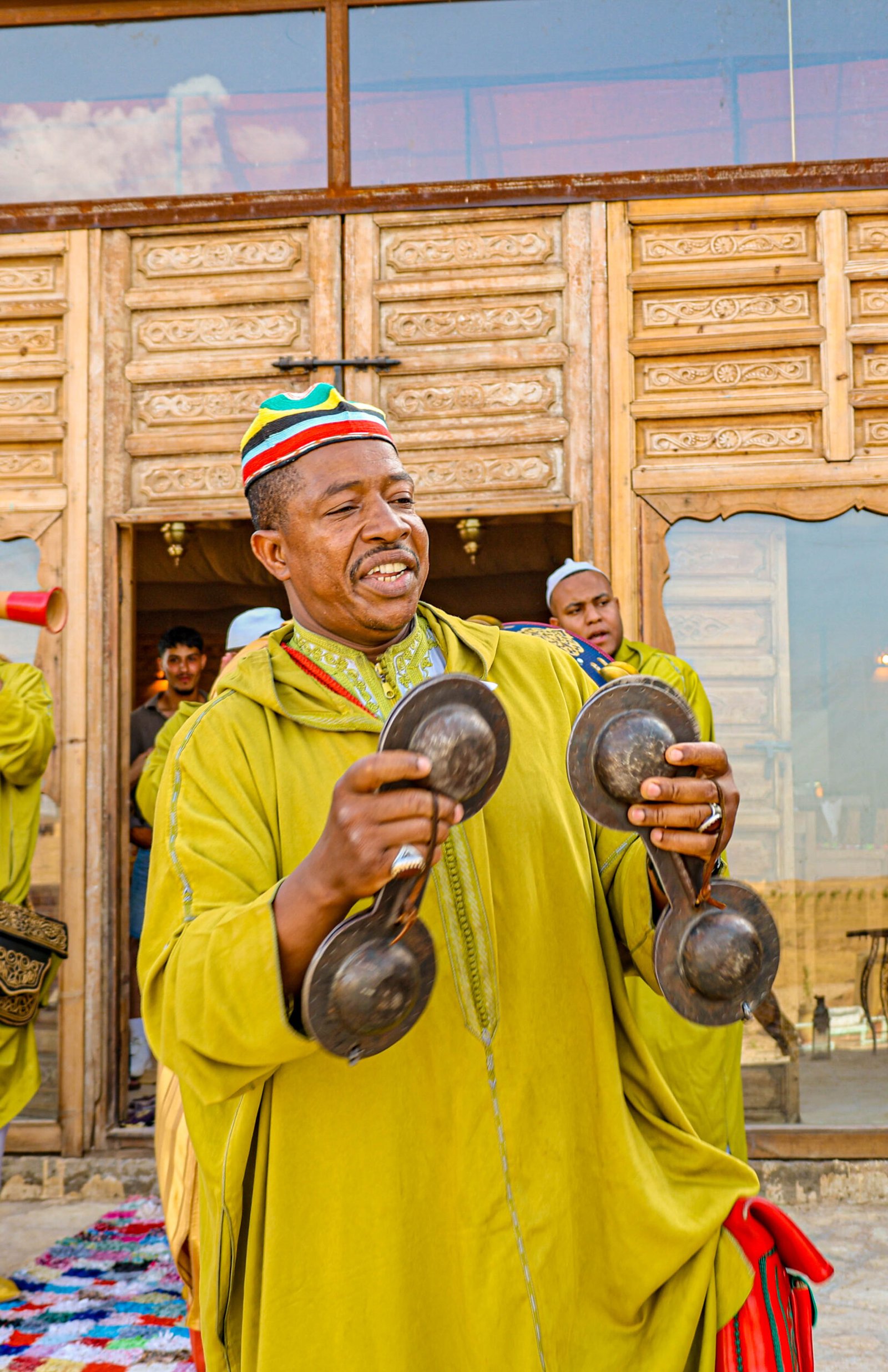 Live Gnawa musicians performing at Agafay Palm